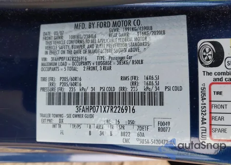 2007 Ford Fusion Se from USA, damaged, VIN 3FAHP071X7R226916